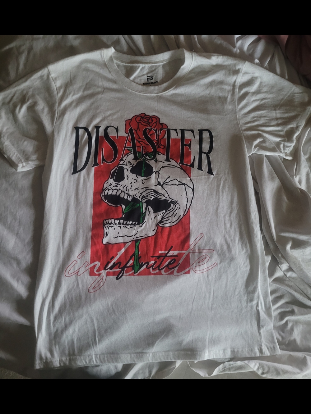 Faded Black White 'Disaster' Graphic Tee with Skull and Rose